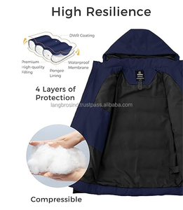 2024 hommes hiver matelassé doudoune bleu imperméable capuche bouton de support Logo personnalisé impression OEM bulle tissu haute rue - Product Image 3