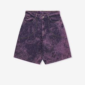 Shorts Bermuda en coton violet délavé pour homme, taille haute, style denim décontracté, fermeture boutonnée - Product Image 1