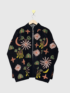 Bohemian Embroidered <b>Velvet</b> Jacket Full Sleeve Stand Collar Floral Pattern Plus Size Women's Autumn Wear - Product Image 1
