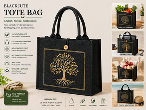 Black Laminated Jute Tote <b>Bag</b> Golden Print <b>Tree</b> Pattern Button Closure Eco Friendly Reusable Wedding Groceries Wine Custom Logo - Product Image 2