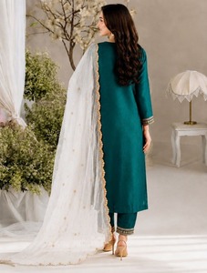 Women's <b>Green</b> <b>Silk</b> Straight Kurti with Pant & Dupatta Regular Fit Knee Length Party Wear Wedding Suit Set - Product Image 5