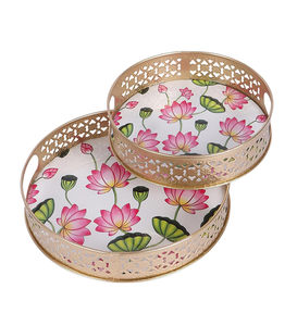 Ensemble de plateaux pichwai dorés pour offrir en cadeau, plateaux décoratifs pour les festivals, ensemble de plateaux pooja - Product Image 1