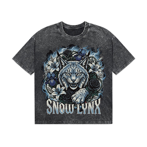 Snow Lynx Printed Cotton <b>T</b>-<b>Shirt</b> <b>Men's</b> Casual Short Sleeve <b>Floral</b> Design Washed Look Round Neck Street Style <b>Shirt</b> - Product Image 1