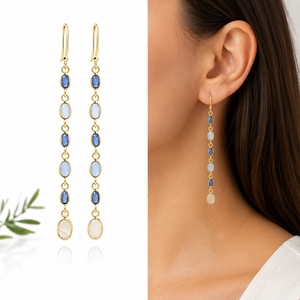 Boucles d'oreilles pendantes longues en kyanite bleue et pierre de lune, serties clos, en argent sterling plaqué or 18 carats, délicates, tendance, pour femme, cadeau de mariage - Product Image 3