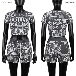 Women Crop Top Shorts Set GSM Spandex Sublimation Print Graffiti <b>Elastic</b> Waist Quick Dry Heat 100% Cotton T shirt & Short Set - Product Image 1