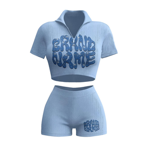 Conjunto de 2 Piezas para Mujer, Top Corto de Punto Acanalado con Estampado Brillante y Pantalones Cortos, Cuello Camisero, Manga Corta, Ropa Urbana, Primavera Verano - Product Image 5