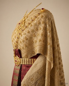 Robe de mariée moderne et simple Royal Golden Sabai, sans manches, col rond, taille naturelle, en mousseline de soie, broderie en dentelle, dos boutonné - Product Image 3