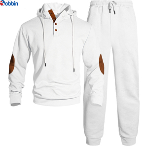 Top Trend Men Clothes Outfit Men's White Hooded Tracksuit <b>Set</b> Solid Color Casual Wear with Brown Patches & Drawstring Closure - Product Image 1