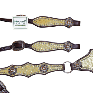 Ensemble de têtière en cuir avec de gros strass scintillants dorés et conchos en strass brillants - Product Image 4