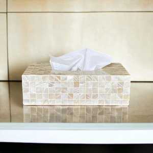Handmade Mother of Pearl Inlay Tissue <b>Box</b> Cover: Ivory Mosaic Nacre Design <b>Floral</b> Geometric Mother of Pearl Inlay Tissue <b>Box</b> - Product Image 5