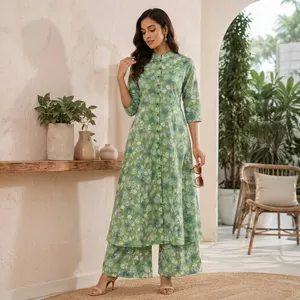 Ensemble Kurta Plazo pour femmes, vert, en coton, imprimé floral, coupe trapèze, manches trois quarts, col mandarin, deux pièces, traditionnel, ethnique, décontracté - Product Image 5