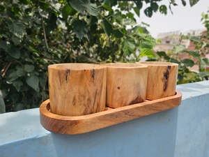 Handmade Natural Wood Candle Stand Set of 3 Round <b>Cups</b> for Home Decoration - Product Image 4