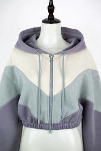 Women's Color Block <b>Cropped</b> <b>Zip</b> <b>Up</b> Hoodie Oversized Fleece Sweatshirt Casual Streetwear Long Sleeve Hooded Jacket - Product Image 4