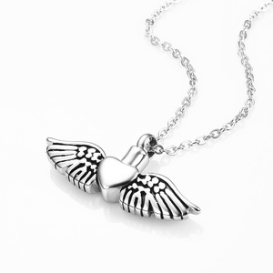 Collier en acier inoxydable avec ailes d'ange et cœur pour cendres, pendentif commémoratif, bijou souvenir pour hommes et femmes - Product Image 2