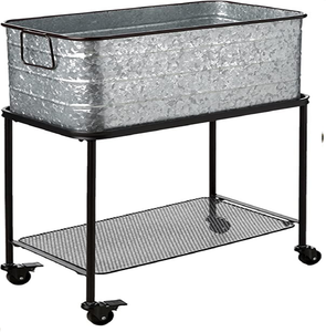 Classic Brushed Steel Galvanized Ice <b>Bucket</b> Beverage Holder Blue Rope Handles 5L Capacity Portable Durable Oval Floral Pattern - Product Image 2