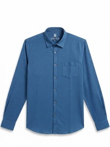 เสื้อเชิ้ตผู้ชายสีน้ำเงินผ้าฝ้ายเนื้อเรียบ แขนยาว ปกคอพับ ระบายอากาศได้ดี เหมาะสำหรับใส่ในฤดูร้อน - Product Image 4