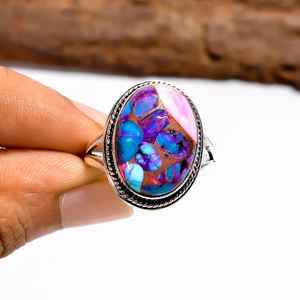 Anillo ovalado de cobre con turquesa y forma de ostra, ajustable, de plata de ley 925, hecho a mano, estilo bohemio, regalo para mujer - Product Image 4