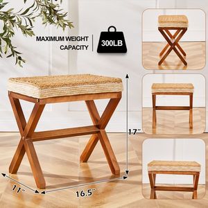 Natural Seagrass Ottoman Footstool with <b>Wooden</b> Legs Rectangular Hand-Weaved Footrest Pouf for Living Room <b>Bench</b> - Product Image 2