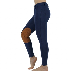 Women's <b>High</b> Waist Horse Riding Pants Full Length Blue With Brown <b>Knee</b> Patches Four-Way Stretch Spandex Nylon Breeches - Product Image 4