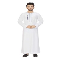 Qamis décontracté blanc en polyester pour hommes adultes, à manches longues, longueur au sol, tenue de prière modeste, style Moyen-Orient, col à capuche, coupe classique
