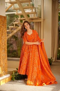 Women's Orange Printed Anarkali Suit With Dupatta Floor Length Traditional Party Wear India Pakistan Style Silk <b>Dress</b> - Product Image 4