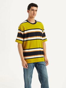 T-shirt rayé à manches courtes pour homme, col rond, coupe classique, tissu tricoté décontracté, jaune, blanc, orange, t-shirt surdimensionné - Product Image 3