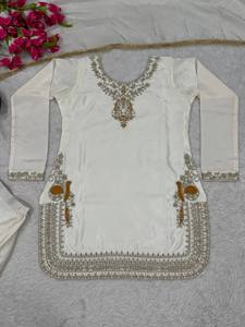 Salwar Kameez de Seda Satinada Coreana Moderna y Lujosa para Eid y Ramadán, con Bordado Zari y Trabajo de Espejo, de Secado Rápido, Elegante, para Bodas Indias - Product Image 4