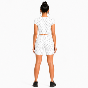 Trendy Women Polka Dot Yoga Set Short Sleeve Crop <b>Top</b> High Waist Biker Shorts Workout Activewear Custom Fitness Clothing Factory - Product Image 3