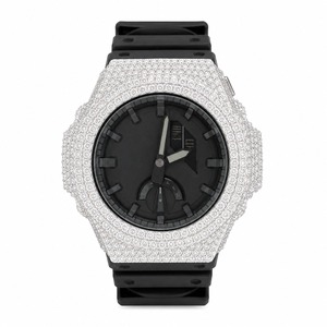 Reloj de lujo con diamantes de imitación para hombre, caja analógica de cuarzo con forma de polígono, banda de goma, esfera negra, bisel de cristal blanco - Product Image 1