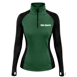 Women Quarter Zip Athletic <b>Top</b> Dark Green Long Sleeve Fitted Sports Training Shirt High Collar <b>Thumbhole</b> Performance Activewear - Product Image 1