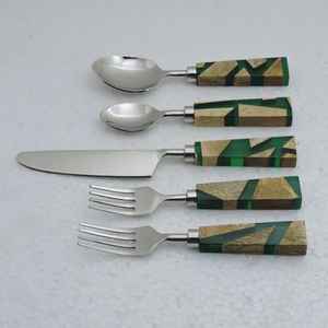 Ensemble de couverts en acier inoxydable avec manche en bois et résine, couverts créatifs de haute qualité, polis à la main, couverts de luxe - Product Image 6