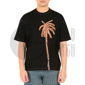 Camiseta Negra de Manga Corta para Hombre, Estampado de Palmeras, Estilo Casual Holgado, Cuello Redondo, Impresión Serigrafiada, Algodón Transpirable, Logotipo en la Parte Trasera del Cuello - Product Image 1