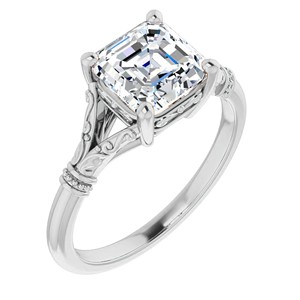 Anillo Solitario de Moissanita con Corte Asscher de 1.25 Quilates, Anillo de Compromiso de Oro Blanco de 14K con Tallo Grabado de Inspiración Vintage - Product Image 3