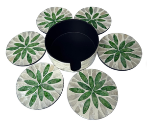 Ensemble de sous-verres ronds artisanaux en nacre avec support, motif feuille verte, sous-verres en coquille pour table basse, décoration - Product Image 1