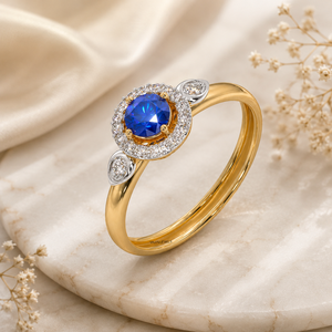 Bague Halo en Saphir Bleu pour Femme avec Diamants Sertis Griffe et Accents de Diamants, Or 10K 14K 18K et Argent 925/935 Plaqué Rhodium - Product Image 1