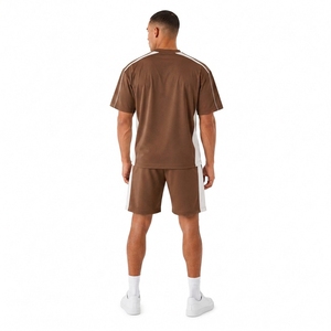 <b>Men's</b> <b>Brown</b> Color Blocking Crew Neck T-<b>Shirt</b> Set Knitted Cotton Casual Summer Wear - Product Image 2