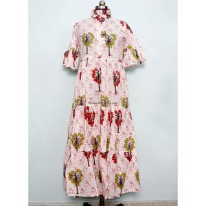 เดรสผ้าคอตตอนพิมพ์ลายแขนสั้นสำหรับผู้หญิงชุดเดรสปาร์ตี้สไตล์หวานลำลองแขนกระดิ่งทันสมัย - Product Image 1