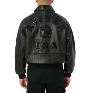 Blouson Bomber Imperméable en Cuir de Vachette Noir pour Homme Avirex, Fermeture Éclair sur le Devant, Design à Patchs, Vêtement d'Extérieur Décontracté d'Hiver, HIGH STREET - Product Image 4