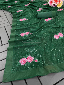 Hunter Green Banarasi Silk Saree Mejor colección Motivo floral Jaal Patrón Material de algodón acentuado con diseño floral - Product Image 5