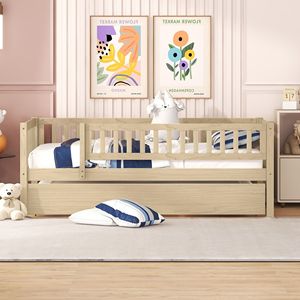 Letto a giorno in legno naturale a una piazza e mezza con letto estraibile e sponde di sicurezza per camerette dei bambini - Product Image 2