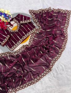 Sari de Organza de Diseño con Lentejuelas y Bordados, Blusa para Bodas y Fiestas, Sari Tradicional Indio - Product Image 2
