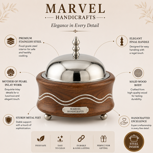 Casserole de luxe en bois avec intérieur en acier inoxydable, incrustation ondulée en nacre, chauffe-plat isolé, pot de service artisanal haut de gamme - Product Image 5