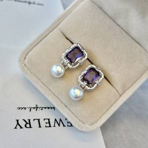 Boucles d'oreilles pendantes en argent pur de qualité supérieure, zircon violet rétro français, perle d'eau douce, nouvelle collection exquise de qualité supérieure - Product Image 2