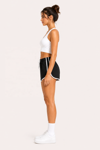 Shorts de course pour femmes Premium Black Dolphin avec bordure contrastée blanche, tissu léger et doux, taille ajustable avec cordon de serrage - Product Image 2