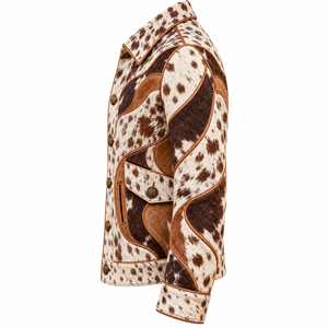 Blouson de moto en cuir de vachette à motif vache pour homme, vêtement d'extérieur décontracté, col montant réglable, fermeture éclair et boutons sur le devant - Product Image 4