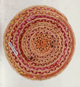 Handmade round jute cotton <b>placemat</b> with Multicolour edging perfect farmhouse table decor Natural durable eco-conscious dining - Product Image 5