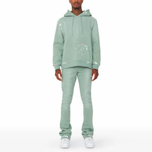 Conjunto Deportivo Informal de Dos Piezas para Hombre, Sudadera con Capucha y Pantalones Jogger, Color Verde Menta Sólido, para Invierno - Product Image 1