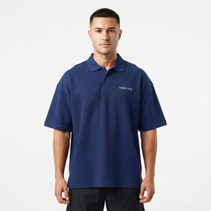 Polo pour homme surdimensionné à manches courtes, T-shirt polo de haute qualité, décontracté, épaules tombantes, bleu marine - Product Image 1
