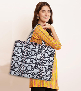 Handmade Quilted Cotton Tote <b>Bag</b> Black White Floral Block Print Reversible Open Washable Shoulder Shopping Grocery <b>Bag</b> for Women - Product Image 5