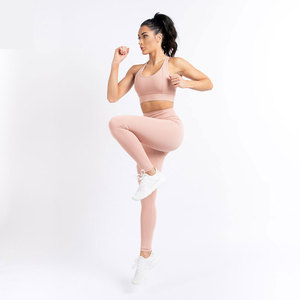 Pink Two Piece Yoga Set High Waist Leggings Racerback Sports Bra Seamless Full Length Activewear - Product Image 2